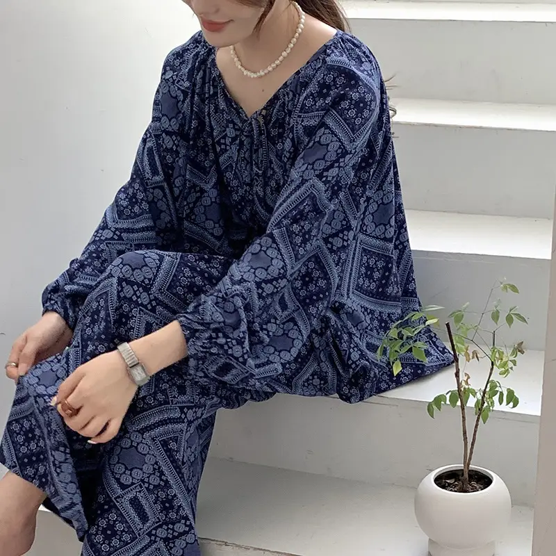 Summer New Long Sleeve Cotton Silk Pajamas Women's Spring and Autumn Loose plus size Cotton Silk Home Clothes suit Chinese Style Thin Style