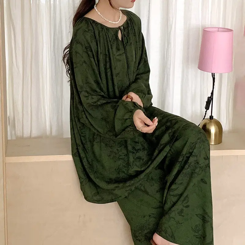 Summer New Long Sleeve Cotton Silk Pajamas Women's Spring and Autumn Loose plus size Cotton Silk Home Clothes suit Chinese Style Thin Style