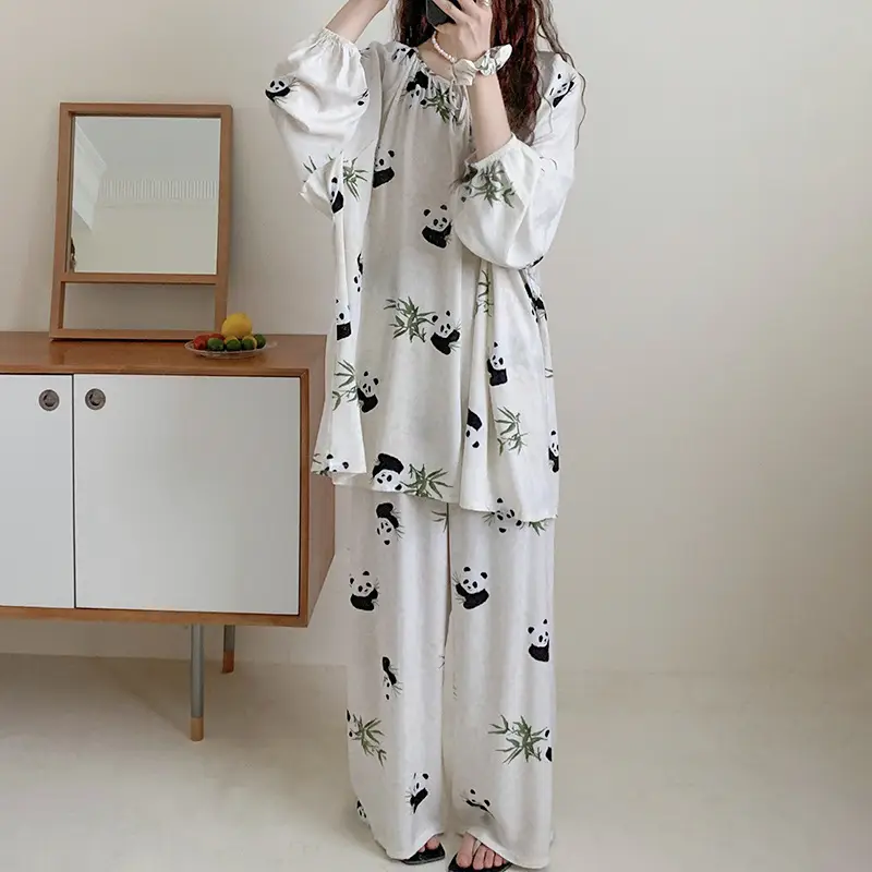 Summer New Long Sleeve Cotton Silk Pajamas Women's Spring and Autumn Loose plus size Cotton Silk Home Clothes suit Chinese Style Thin Style