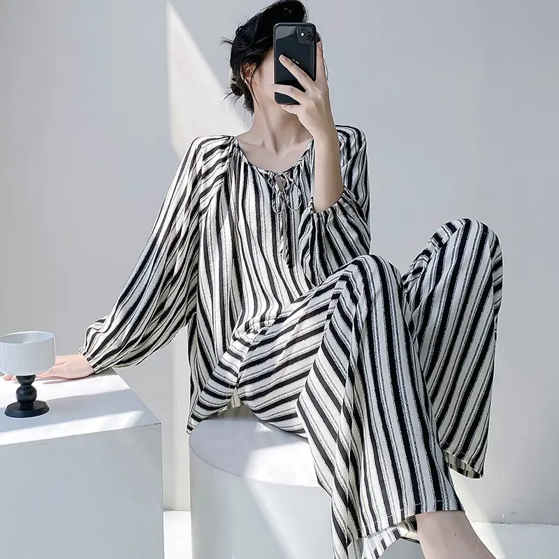 Summer New Long Sleeve Cotton Silk Pajamas Women's Spring and Autumn Loose plus size Cotton Silk Home Clothes suit Chinese Style Thin Style