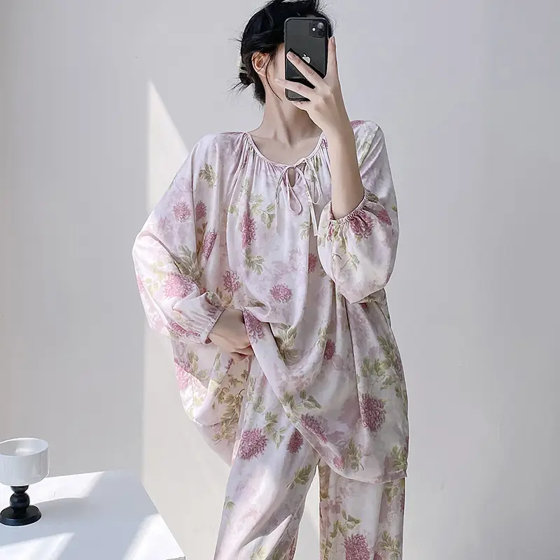 Summer New Long Sleeve Cotton Silk Pajamas Women's Spring and Autumn Loose plus size Cotton Silk Home Clothes suit Chinese Style Thin Style