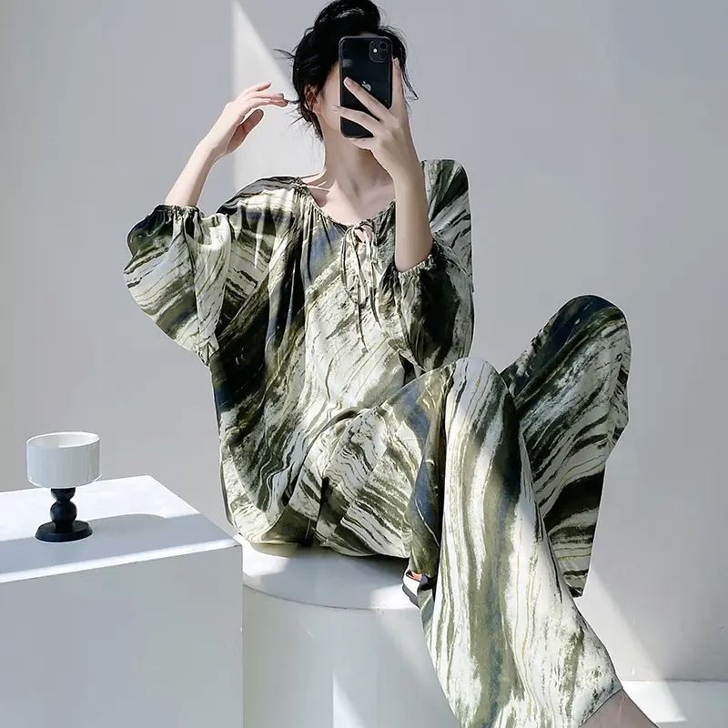 Summer New Long Sleeve Cotton Silk Pajamas Women's Spring and Autumn Loose plus size Cotton Silk Home Clothes suit Chinese Style Thin Style