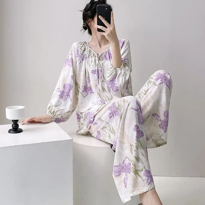 Summer New Long Sleeve Cotton Silk Pajamas Women's Spring and Autumn Loose plus size Cotton Silk Home Clothes suit Chinese Style Thin Style