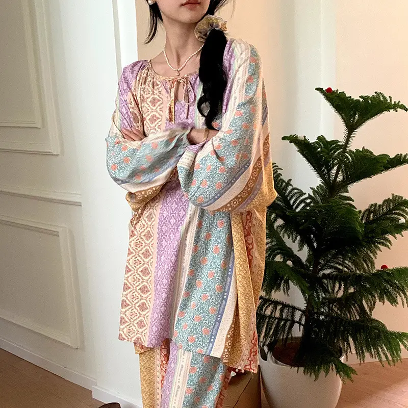 Summer New Long Sleeve Cotton Silk Pajamas Women's Spring and Autumn Loose plus size Cotton Silk Home Clothes suit Chinese Style Thin Style