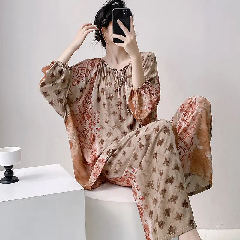 Summer New Long Sleeve Cotton Silk Pajamas Women's Spring and Autumn Loose plus size Cotton Silk Home Clothes suit Chinese Style Thin Style