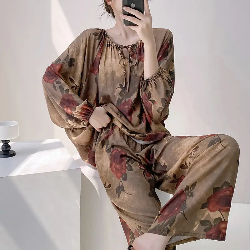 Summer New Long Sleeve Cotton Silk Pajamas Women's Spring and Autumn Loose plus size Cotton Silk Home Clothes suit Chinese Style Thin Style