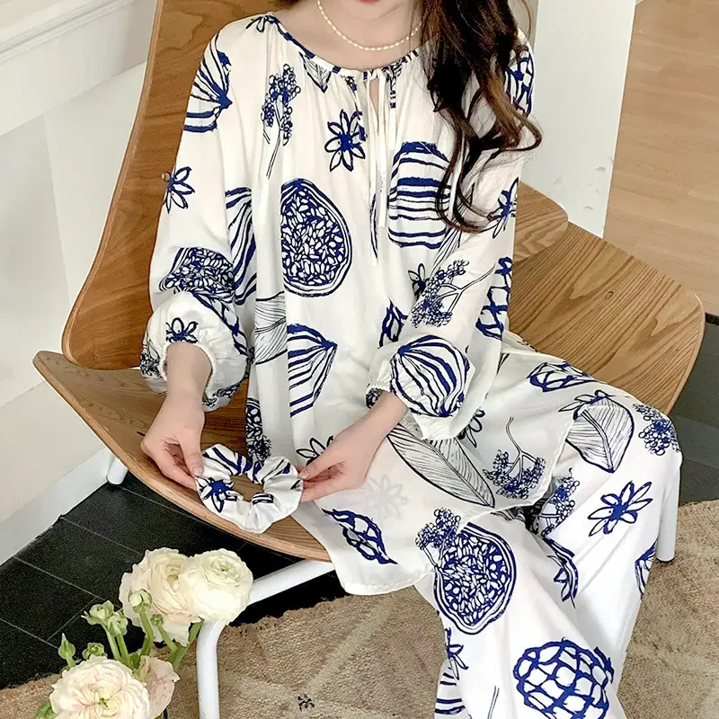Summer New Long Sleeve Cotton Silk Pajamas Women's Spring and Autumn Loose plus size Cotton Silk Home Clothes suit Chinese Style Thin Style