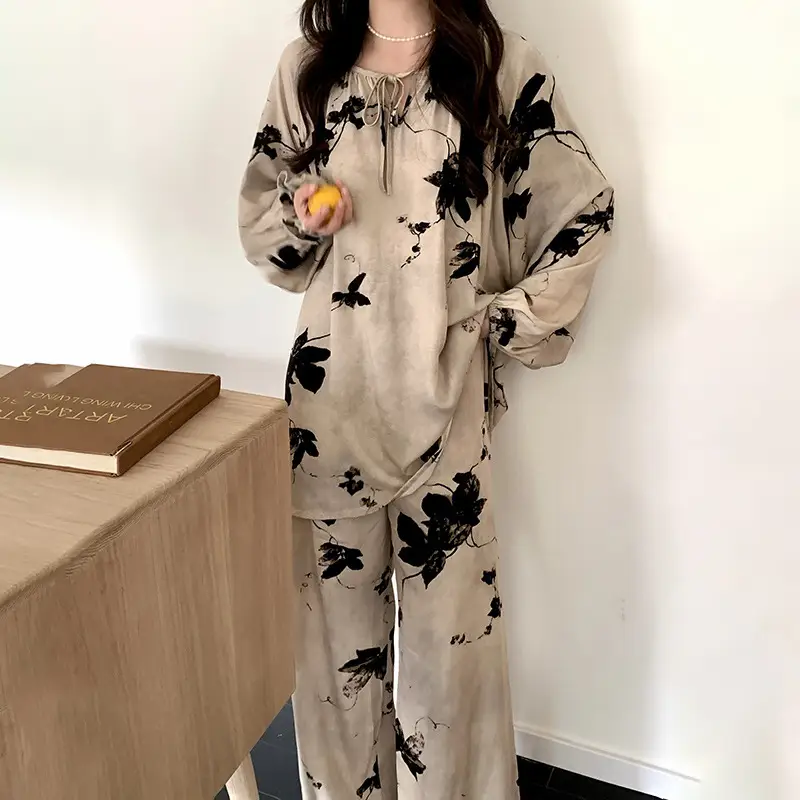 Summer New Long Sleeve Cotton Silk Pajamas Women's Spring and Autumn Loose plus size Cotton Silk Home Clothes suit Chinese Style Thin Style