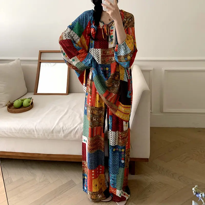 Summer New Long Sleeve Cotton Silk Pajamas Women's Spring and Autumn Loose plus size Cotton Silk Home Clothes suit Chinese Style Thin Style