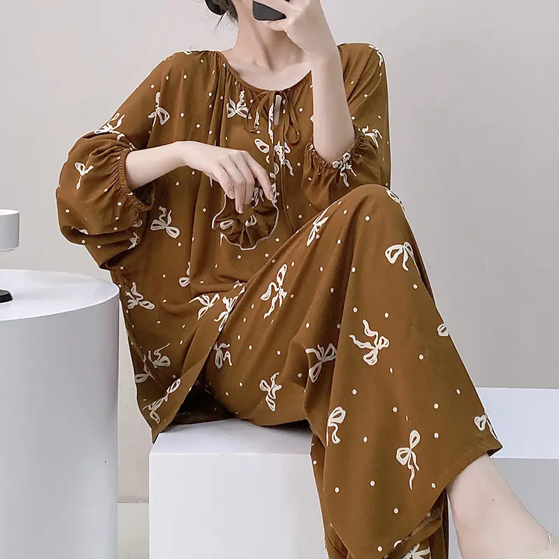 Summer New Long Sleeve Cotton Silk Pajamas Women's Spring and Autumn Loose plus size Cotton Silk Home Clothes suit Chinese Style Thin Style