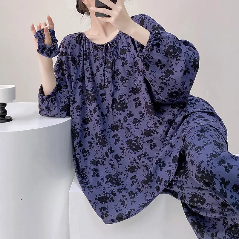 Summer New Long Sleeve Cotton Silk Pajamas Women's Spring and Autumn Loose plus size Cotton Silk Home Clothes suit Chinese Style Thin Style