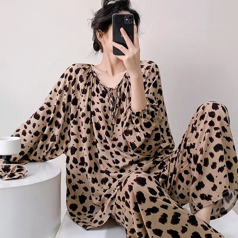 Summer New Long Sleeve Cotton Silk Pajamas Women's Spring and Autumn Loose plus size Cotton Silk Home Clothes suit Chinese Style Thin Style