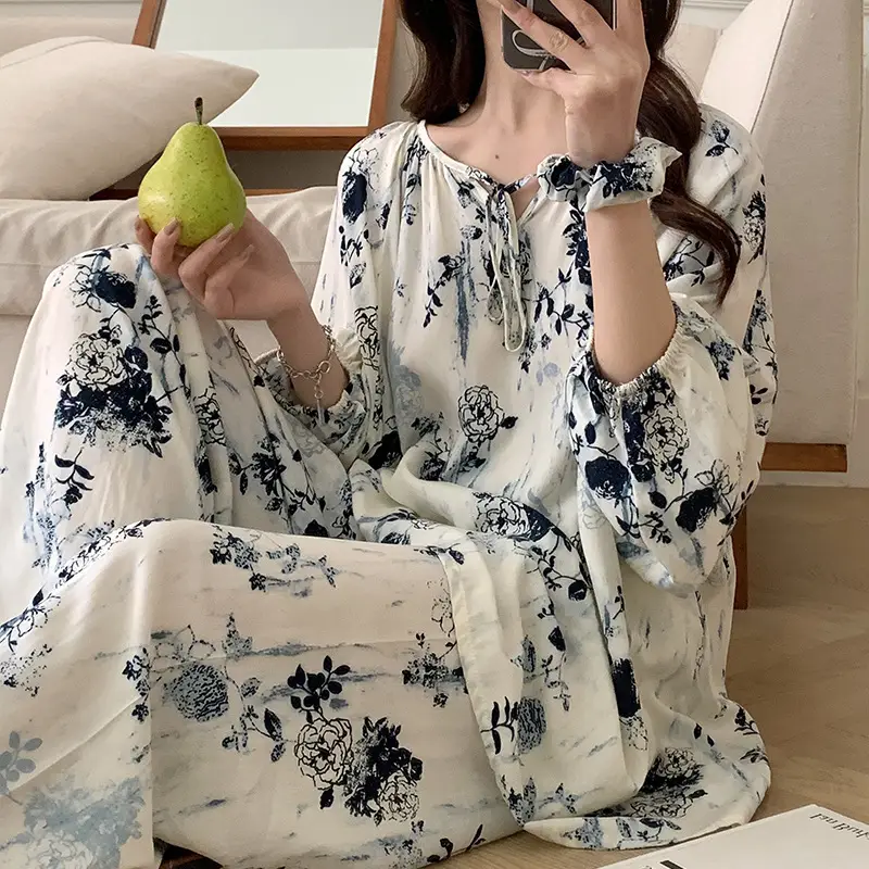 Summer New Long Sleeve Cotton Silk Pajamas Women's Spring and Autumn Loose plus size Cotton Silk Home Clothes suit Chinese Style Thin Style
