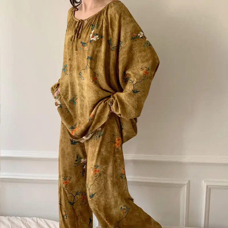Summer New Long Sleeve Cotton Silk Pajamas Women's Spring and Autumn Loose plus size Cotton Silk Home Clothes suit Chinese Style Thin Style