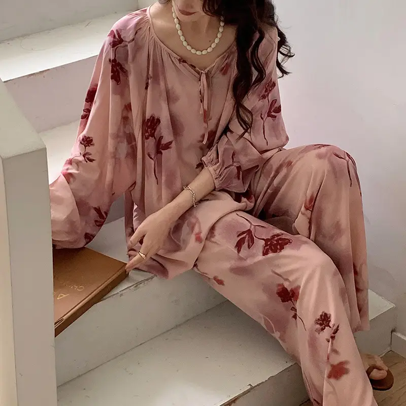 Summer New Long Sleeve Cotton Silk Pajamas Women's Spring and Autumn Loose plus size Cotton Silk Home Clothes suit Chinese Style Thin Style