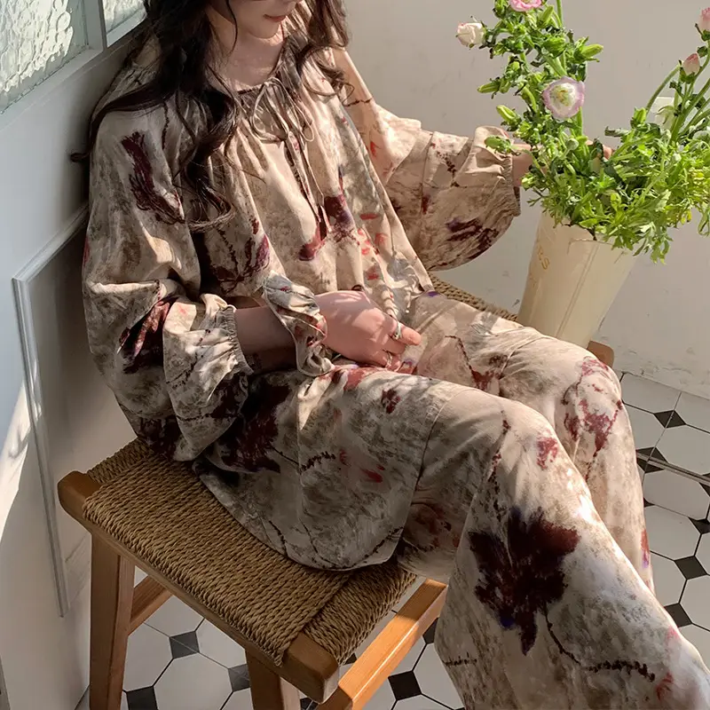 Summer New Long Sleeve Cotton Silk Pajamas Women's Spring and Autumn Loose plus size Cotton Silk Home Clothes suit Chinese Style Thin Style