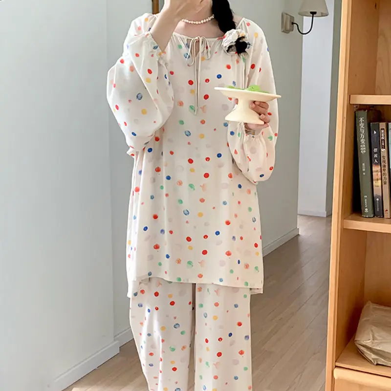 Summer New Long Sleeve Cotton Silk Pajamas Women's Spring and Autumn Loose plus size Cotton Silk Home Clothes suit Chinese Style Thin Style