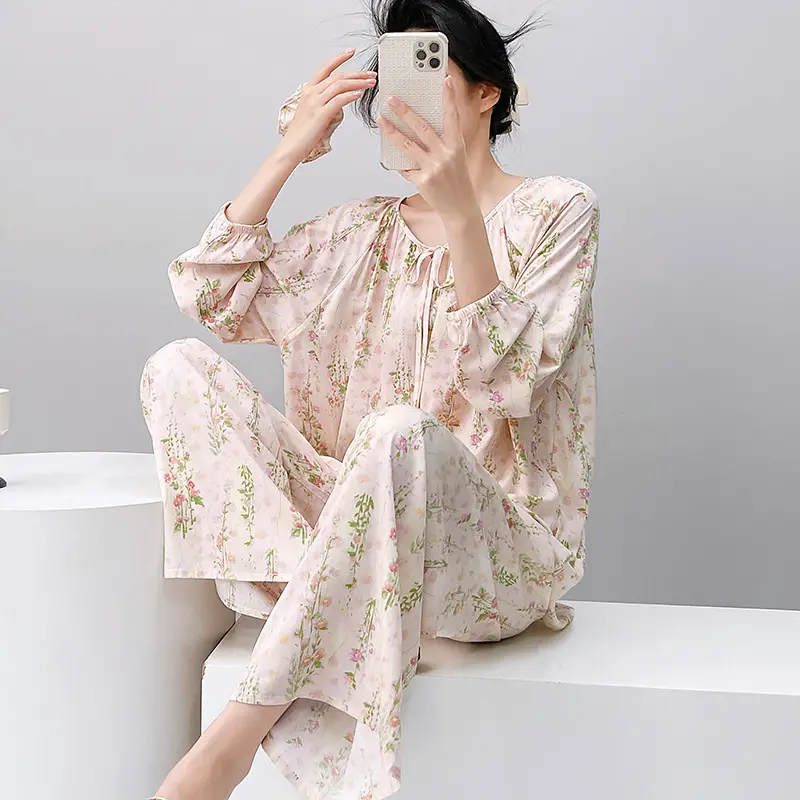 Summer New Long Sleeve Cotton Silk Pajamas Women's Spring and Autumn Loose plus size Cotton Silk Home Clothes suit Chinese Style Thin Style
