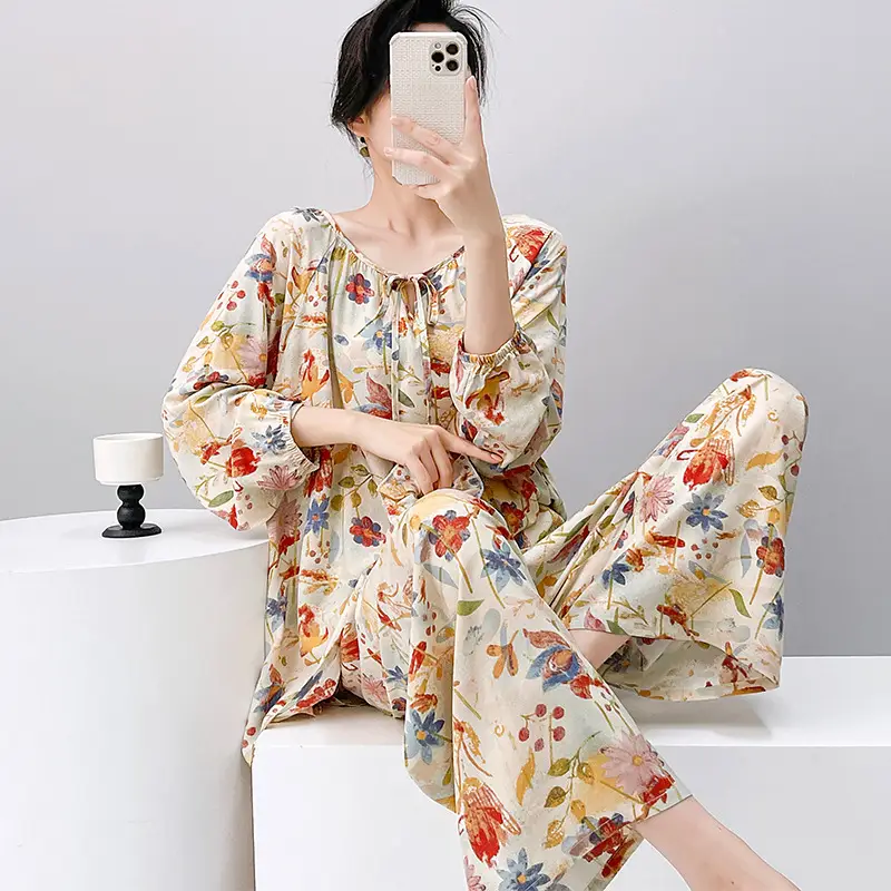 Summer New Long Sleeve Cotton Silk Pajamas Women's Spring and Autumn Loose plus size Cotton Silk Home Clothes suit Chinese Style Thin Style