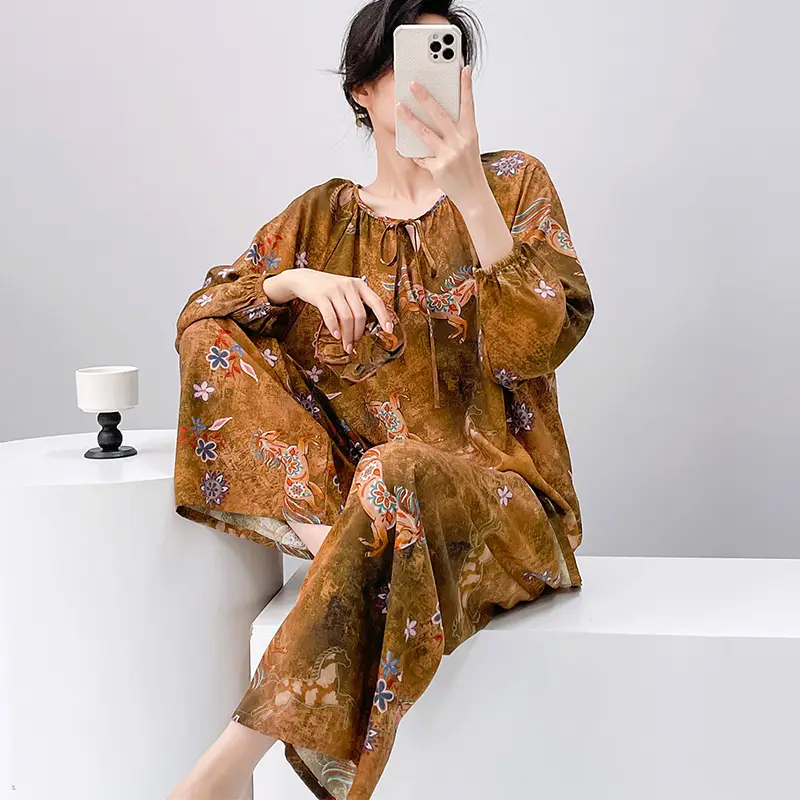 Summer New Long Sleeve Cotton Silk Pajamas Women's Spring and Autumn Loose plus size Cotton Silk Home Clothes suit Chinese Style Thin Style