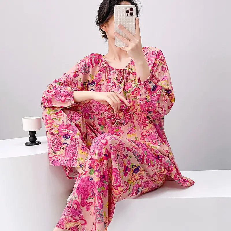 Summer New Long Sleeve Cotton Silk Pajamas Women's Spring and Autumn Loose plus size Cotton Silk Home Clothes suit Chinese Style Thin Style