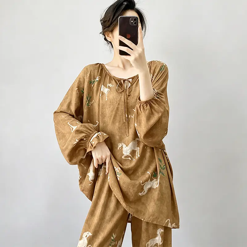Summer New Long Sleeve Cotton Silk Pajamas Women's Spring and Autumn Loose plus size Cotton Silk Home Clothes suit Chinese Style Thin Style