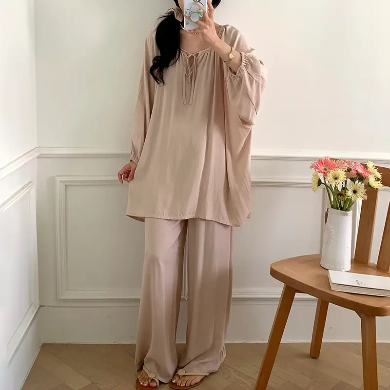 Summer New Long Sleeve Cotton Silk Pajamas Women's Spring and Autumn Loose plus size Cotton Silk Home Clothes suit Chinese Style Thin Style