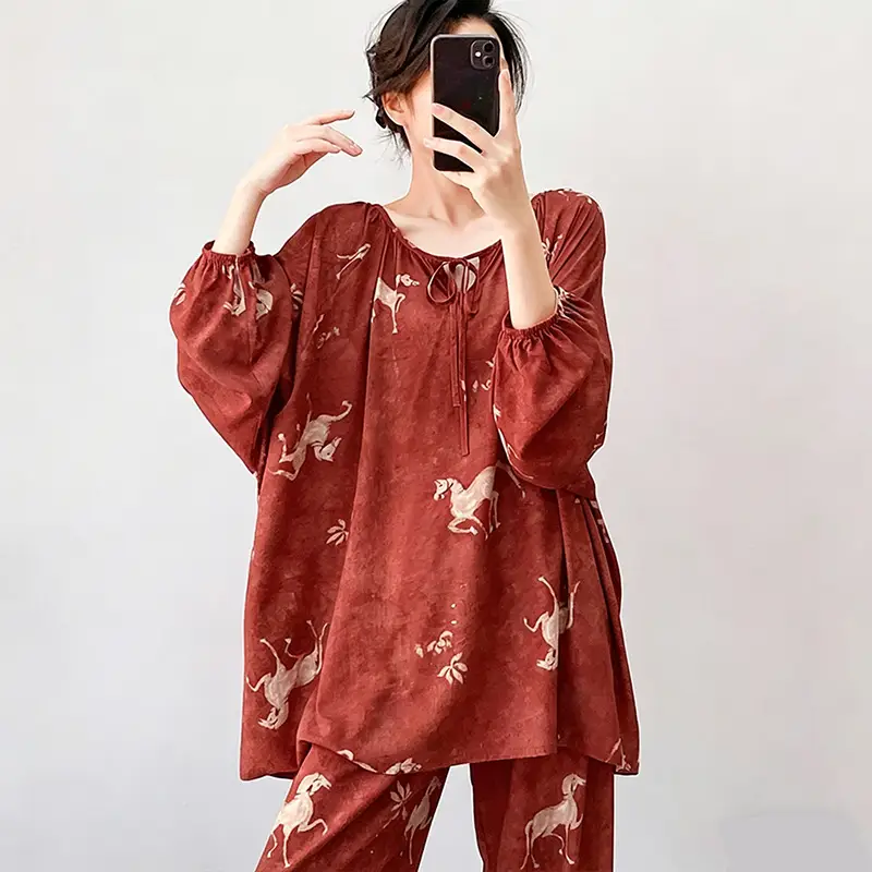 Summer New Long Sleeve Cotton Silk Pajamas Women's Spring and Autumn Loose plus size Cotton Silk Home Clothes suit Chinese Style Thin Style