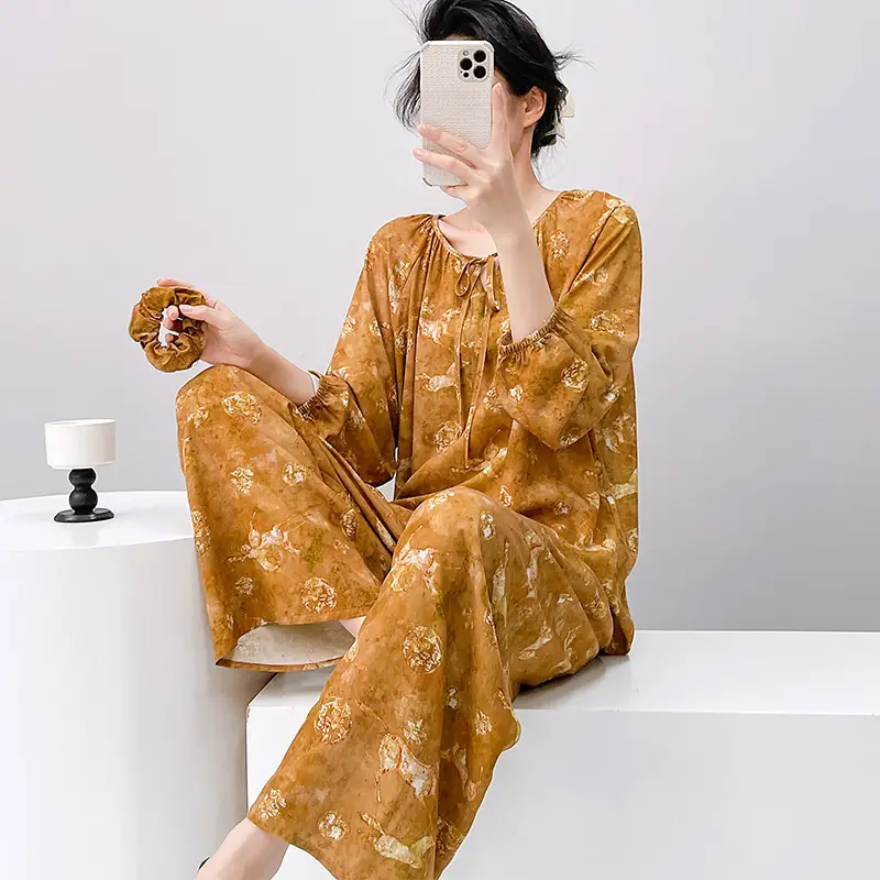 Summer New Long Sleeve Cotton Silk Pajamas Women's Spring and Autumn Loose plus size Cotton Silk Home Clothes suit Chinese Style Thin Style