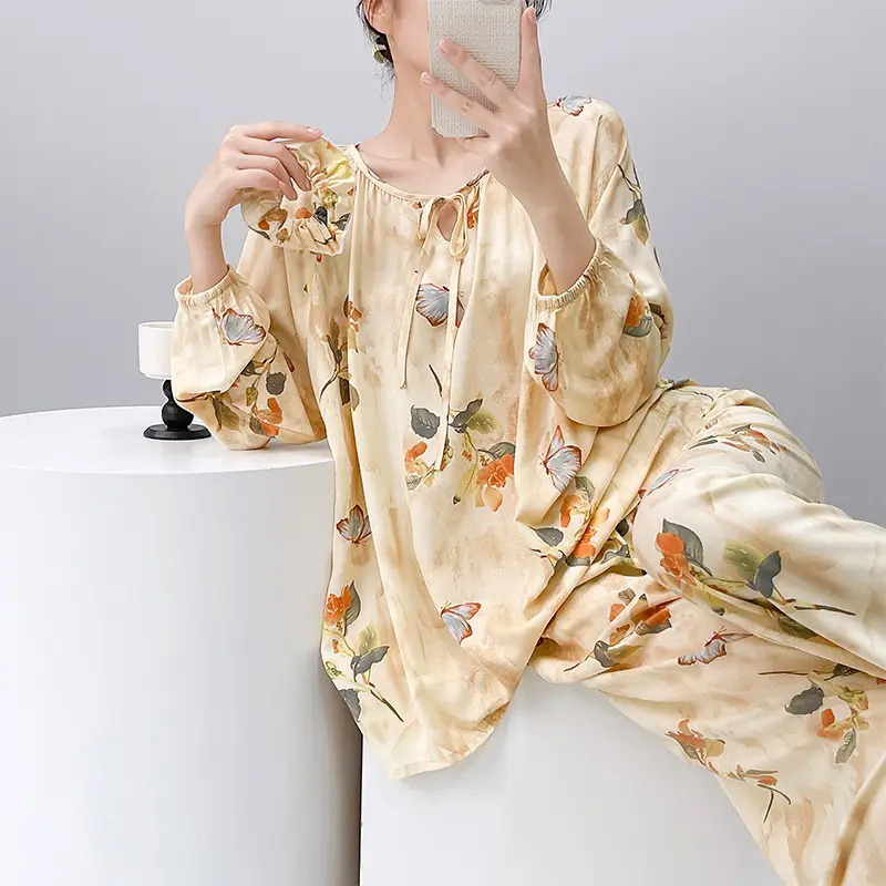 Summer New Long Sleeve Cotton Silk Pajamas Women's Spring and Autumn Loose plus size Cotton Silk Home Clothes suit Chinese Style Thin Style