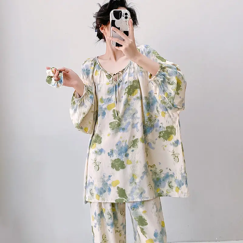 Summer New Long Sleeve Cotton Silk Pajamas Women's Spring and Autumn Loose plus size Cotton Silk Home Clothes suit Chinese Style Thin Style