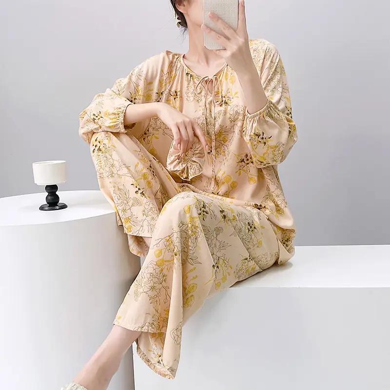 Summer New Long Sleeve Cotton Silk Pajamas Women's Spring and Autumn Loose plus size Cotton Silk Home Clothes suit Chinese Style Thin Style