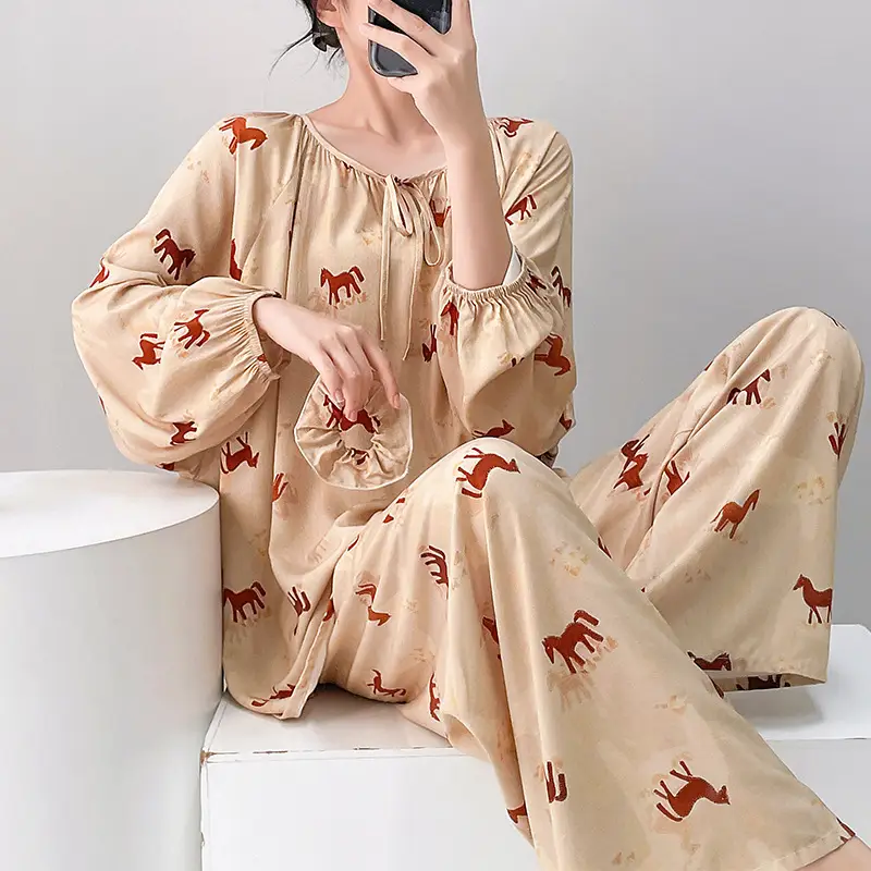 Summer New Long Sleeve Cotton Silk Pajamas Women's Spring and Autumn Loose plus size Cotton Silk Home Clothes suit Chinese Style Thin Style