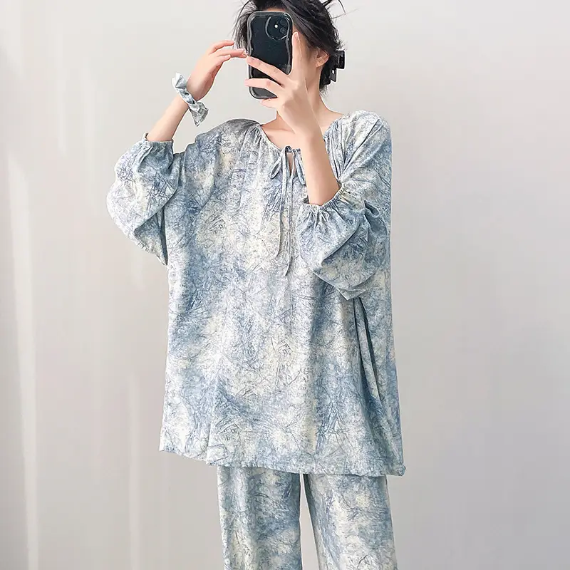 Summer New Long Sleeve Cotton Silk Pajamas Women's Spring and Autumn Loose plus size Cotton Silk Home Clothes suit Chinese Style Thin Style