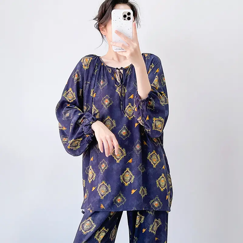 Summer New Long Sleeve Cotton Silk Pajamas Women's Spring and Autumn Loose plus size Cotton Silk Home Clothes suit Chinese Style Thin Style