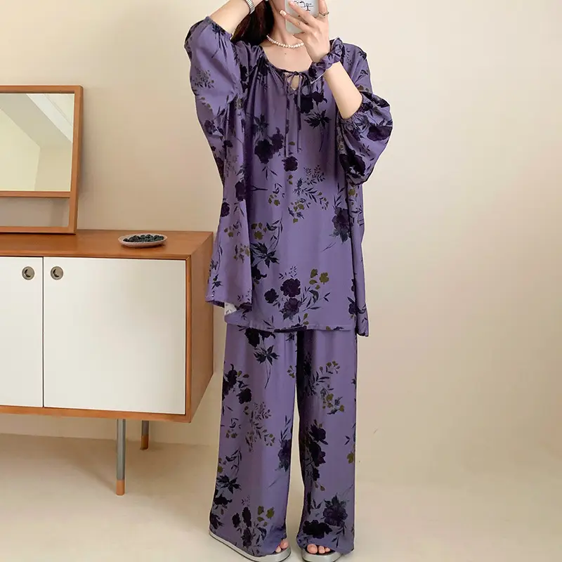 Summer New Long Sleeve Cotton Silk Pajamas Women's Spring and Autumn Loose plus size Cotton Silk Home Clothes suit Chinese Style Thin Style