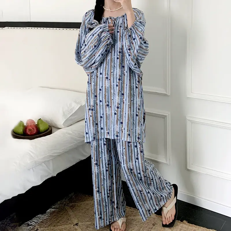 Summer New Long Sleeve Cotton Silk Pajamas Women's Spring and Autumn Loose plus size Cotton Silk Home Clothes suit Chinese Style Thin Style