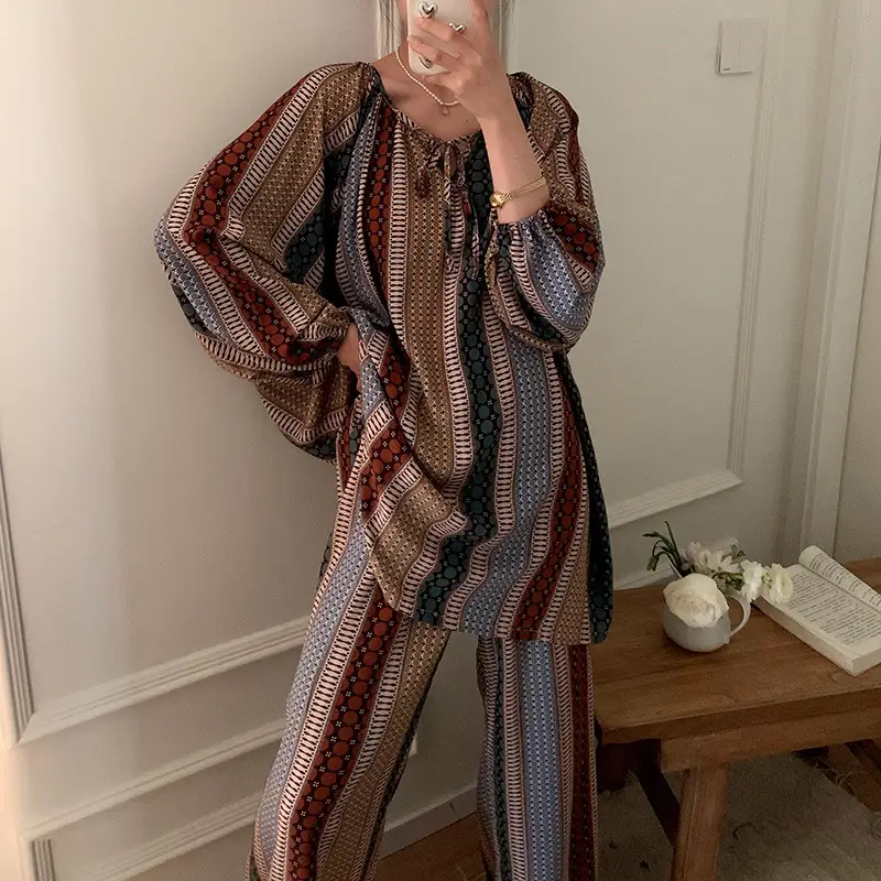 Summer New Long Sleeve Cotton Silk Pajamas Women's Spring and Autumn Loose plus size Cotton Silk Home Clothes suit Chinese Style Thin Style