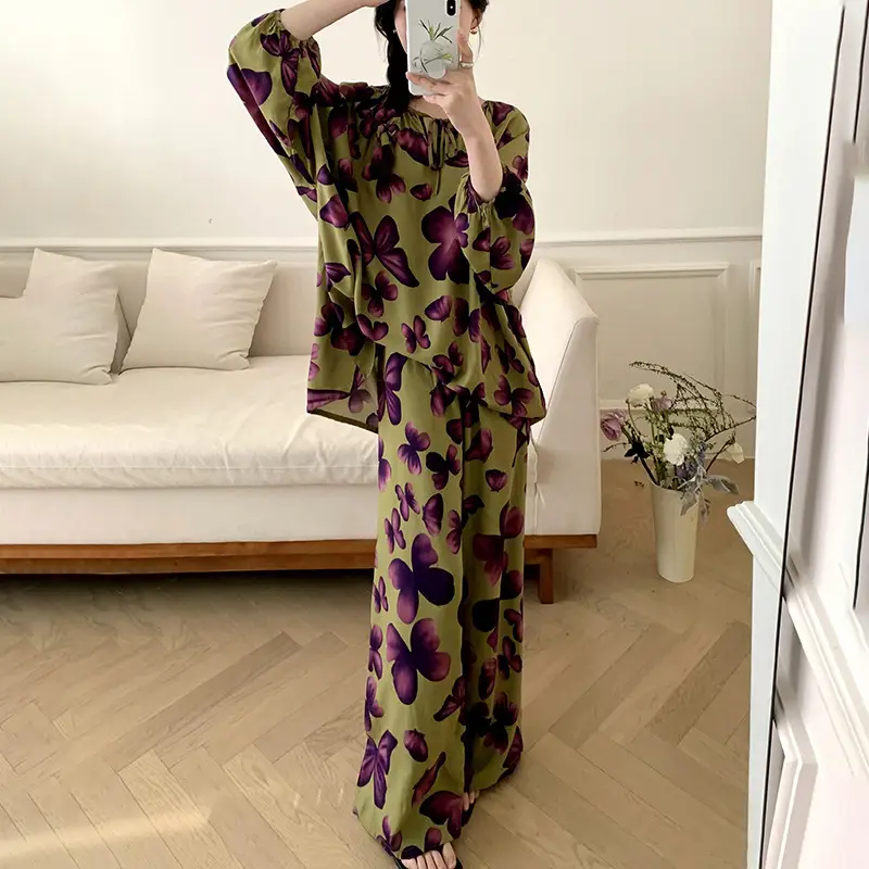 Summer New Long Sleeve Cotton Silk Pajamas Women's Spring and Autumn Loose plus size Cotton Silk Home Clothes suit Chinese Style Thin Style