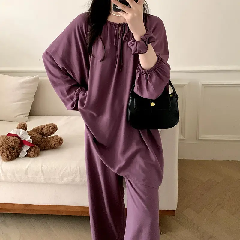 Summer New Long Sleeve Cotton Silk Pajamas Women's Spring and Autumn Loose plus size Cotton Silk Home Clothes suit Chinese Style Thin Style