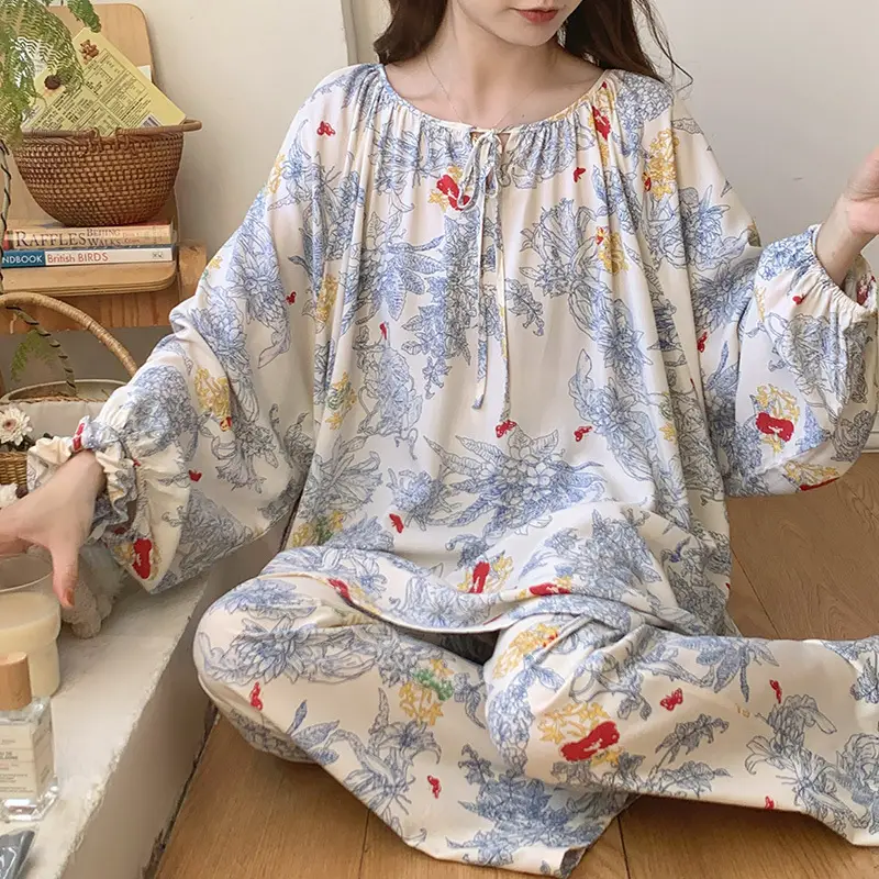 Summer New Long Sleeve Cotton Silk Pajamas Women's Spring and Autumn Loose plus size Cotton Silk Home Clothes suit Chinese Style Thin Style