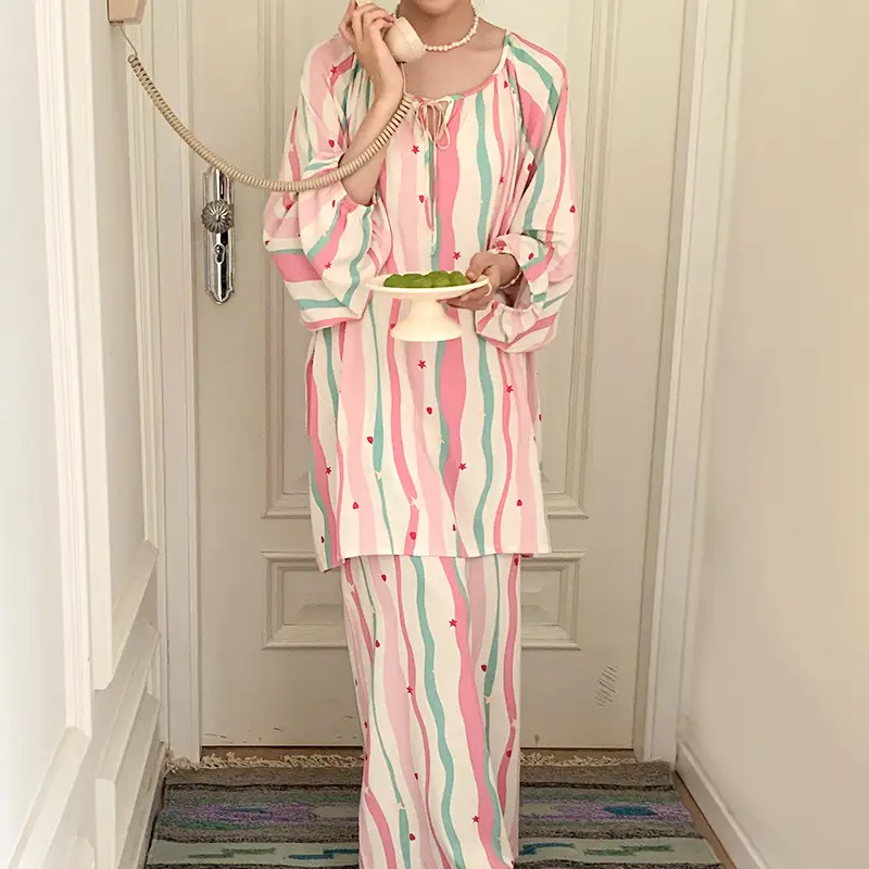 Summer New Long Sleeve Cotton Silk Pajamas Women's Spring and Autumn Loose plus size Cotton Silk Home Clothes suit Chinese Style Thin Style