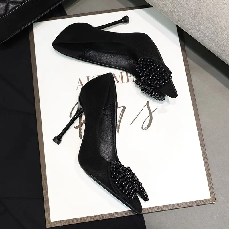 2026 Spring Pointed Toe Pearl Bow Black Stiletto Heels