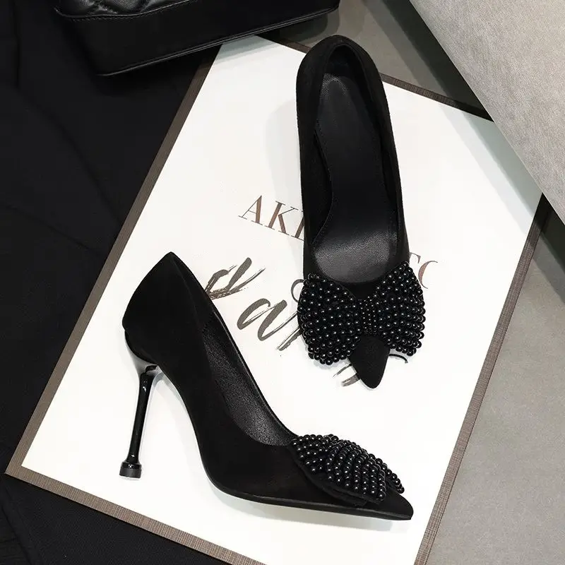 2026 Spring Pointed Toe Pearl Bow Black Stiletto Heels