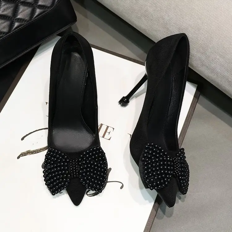 2026 Spring Pointed Toe Pearl Bow Black Stiletto Heels