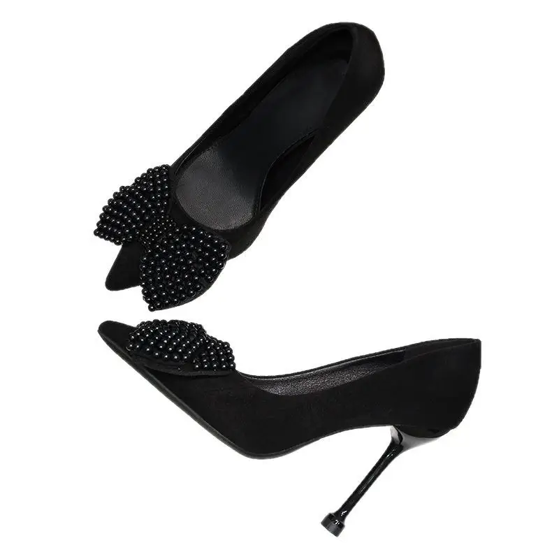 2026 Spring Pointed Toe Pearl Bow Black Stiletto Heels