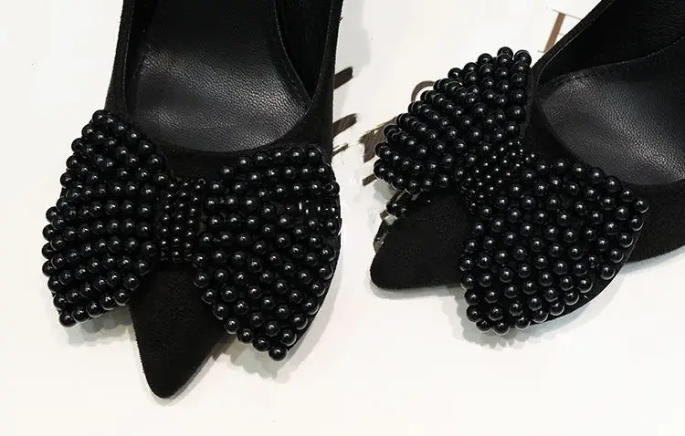 2026 Spring Pointed Toe Pearl Bow Black Stiletto Heels — feature 6