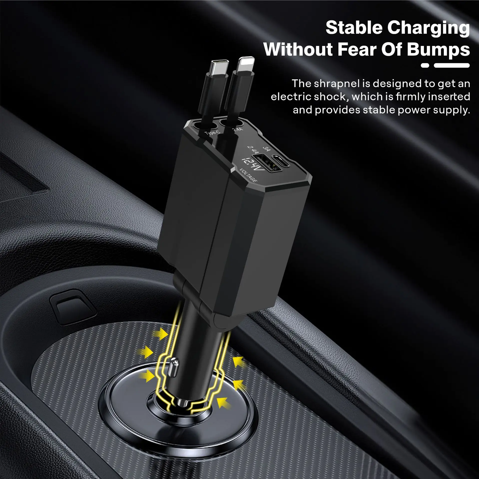 Telescopic Car Charger 1-4 Car Use Black — feature 4