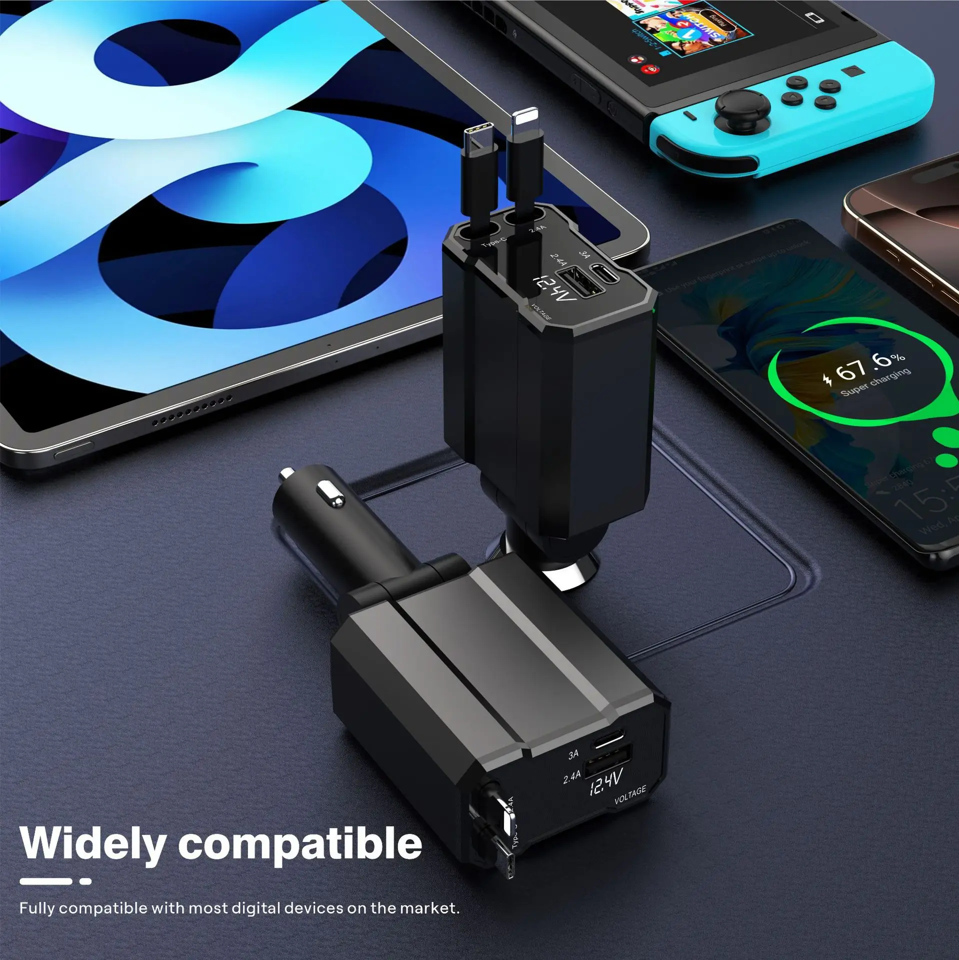 Telescopic Car Charger 1-4 Car Use Black — feature 5