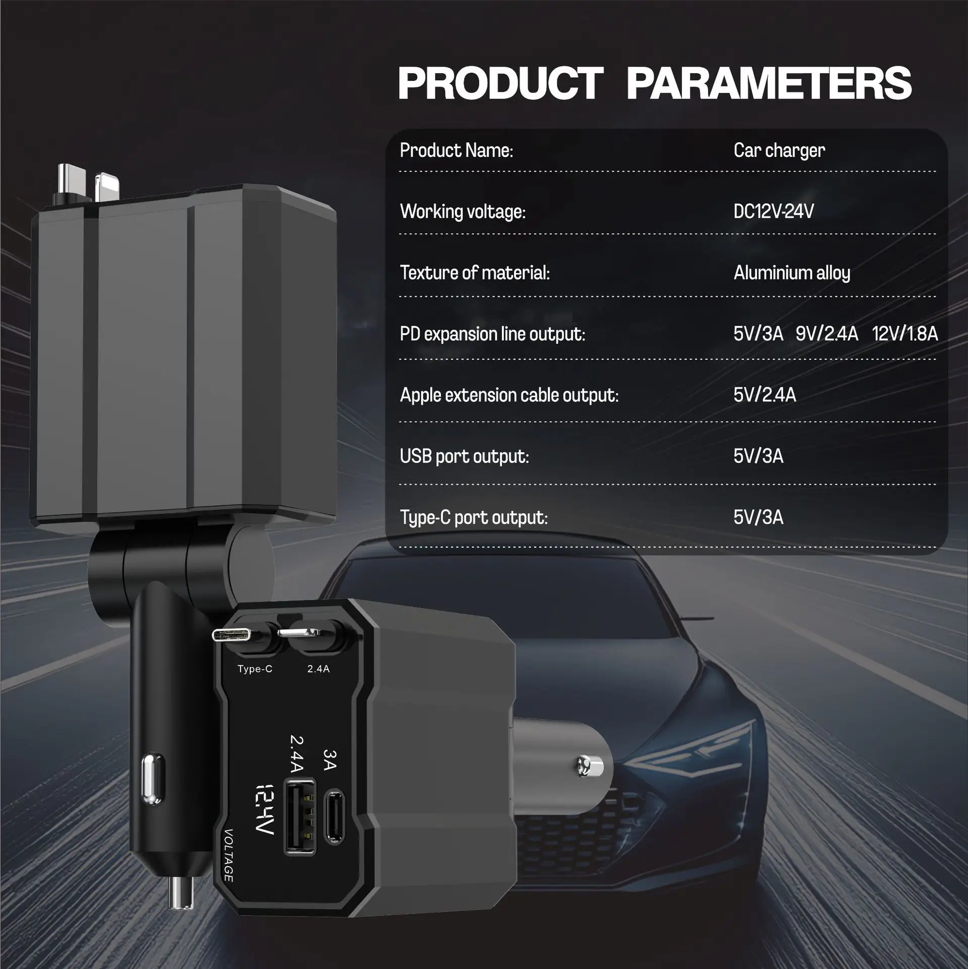 Telescopic Car Charger 1-4 Car Use Black — feature 6